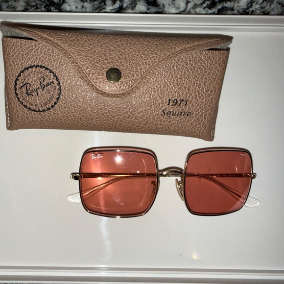 Ray-Ban Square Gold Frame Sunglasses with Rose Lenses - Picture 2 of 3